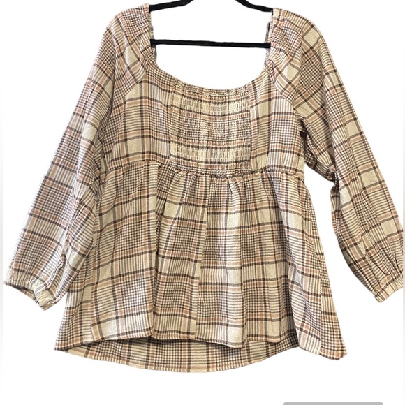 NWOT AVLN Studio by Stitch Fix, Beige Plaid Boho‎ Off Shoulder Blouse, Large - Picture 6 of 8